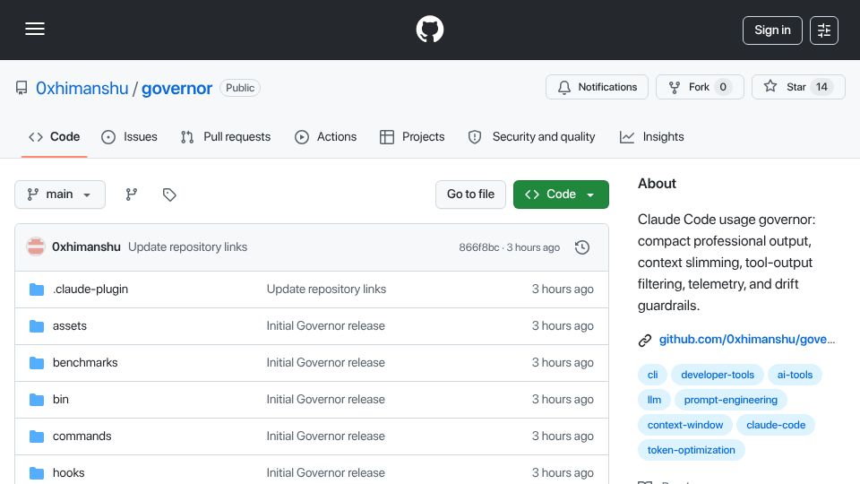 Screenshot of github.com: Governor – a Claude Code plugin to reduce token/context waste