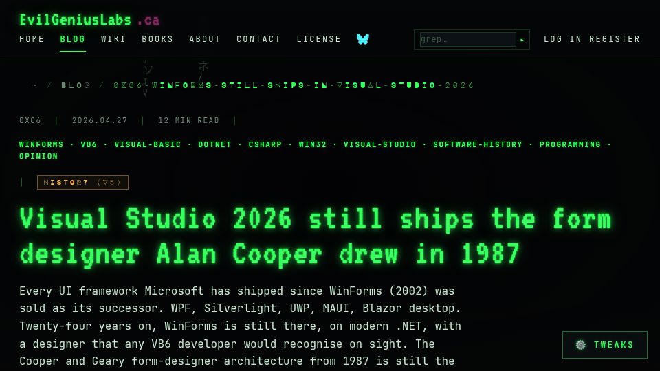 Screenshot of evilgeniuslabs.ca: Visual Studio 2026 still ships the form designer Alan Cooper drew in 1987