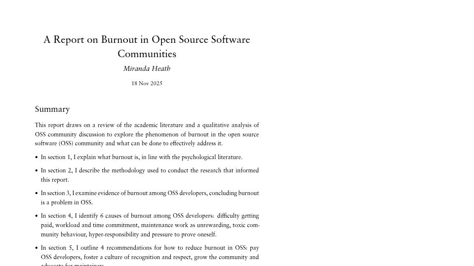 Screenshot of mirandaheath.website: A report on burnout in open source software communities (2025) [pdf]