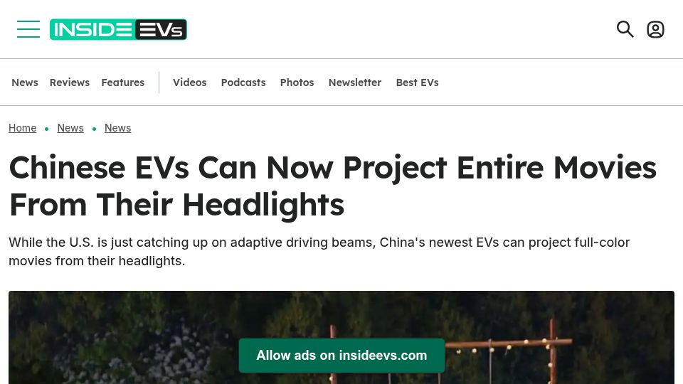 Screenshot of insideevs.com: Chinese EVs Can Now Project Movies from Their Headlights