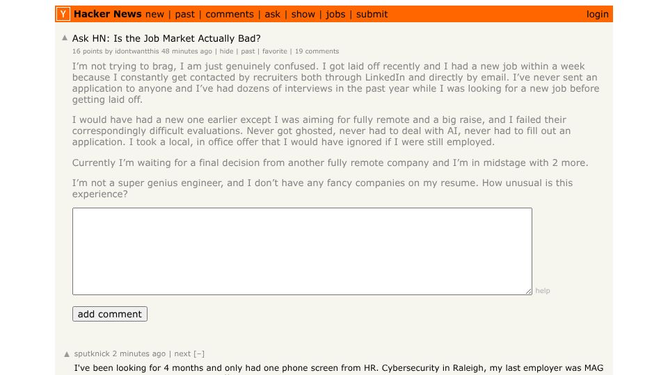 Screenshot of Hacker News post: Ask HN: Is the Job Market Actually Bad?
