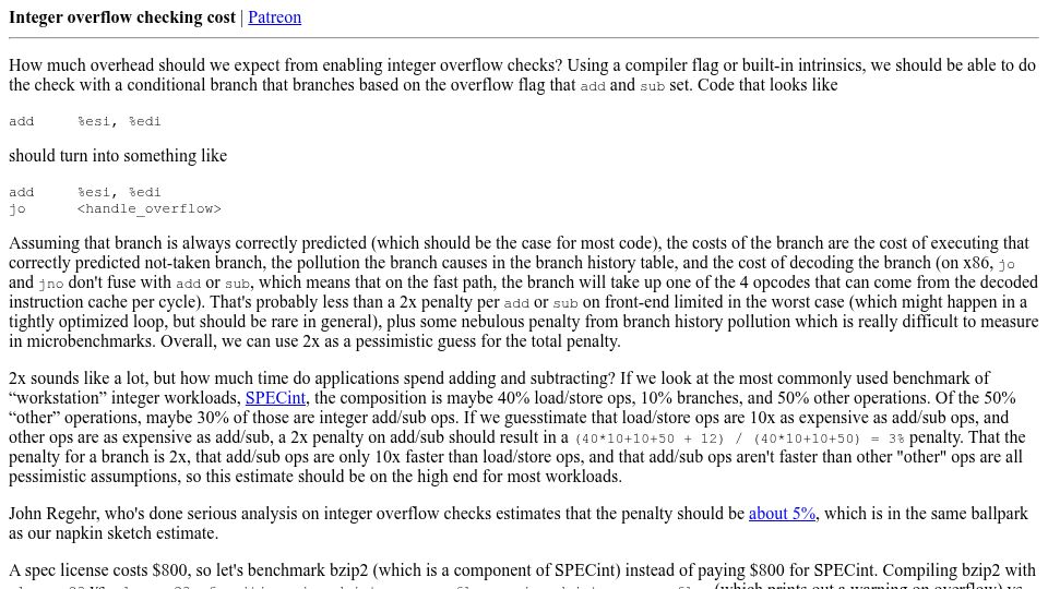 Screenshot of danluu.com: Integer Overflow Checking Cost