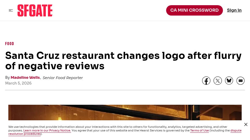 Screenshot of sfgate.com: Santa Cruz restaurant changes logo after flurry of negative reviews for AI art