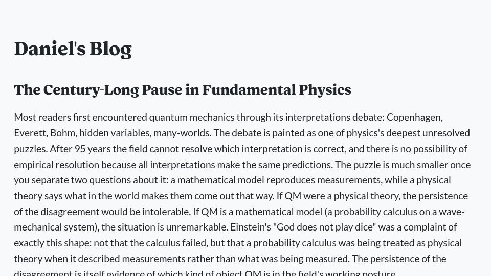 Screenshot of danieltan.weblog.lol: The Century-Long Pause in Fundamental Physics