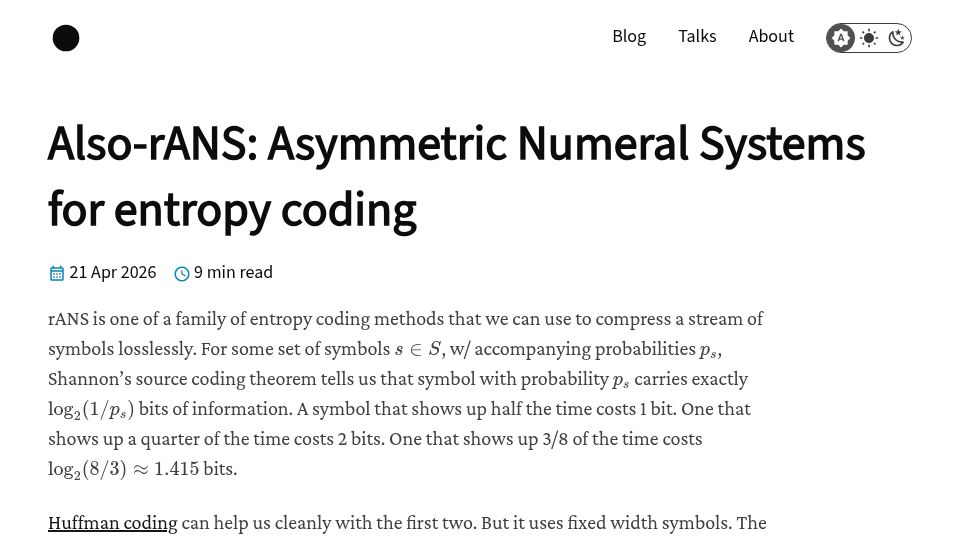 Screenshot of fergusfinn.com: Also-RANS: Asymmetric Numeral Systems for Entropy Coding