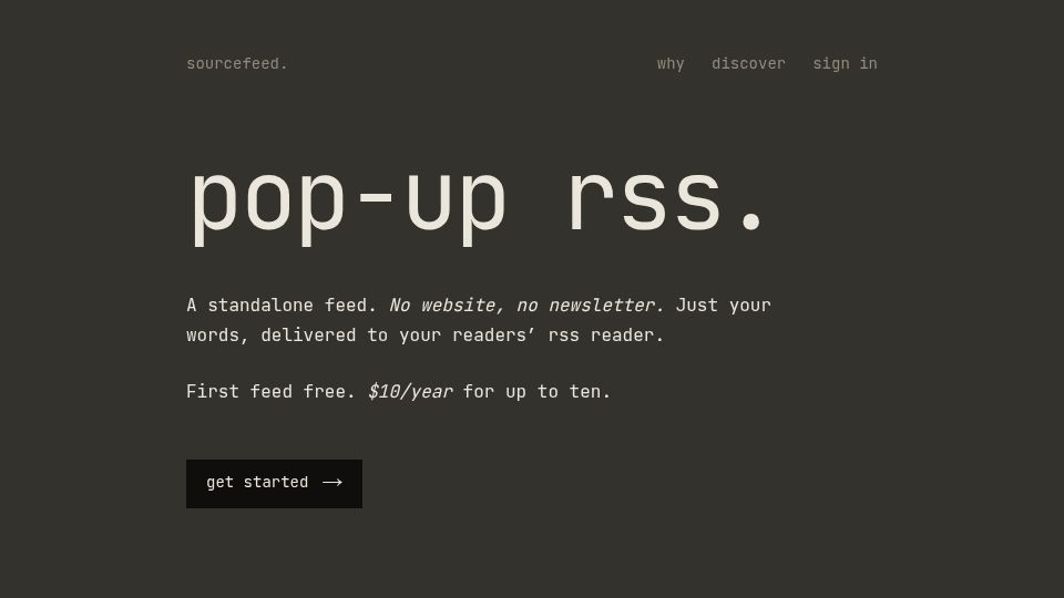 Screenshot of sourcefeed.app: Sourcefeed – a pop-up RSS service