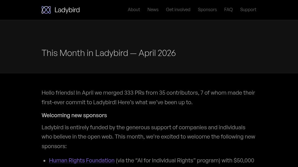 Screenshot of ladybird.org: This Month in Ladybird – April 2026