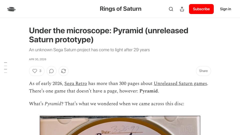 Screenshot of 32bits.substack.com: An unknown Sega Saturn project has come to light after 29 years