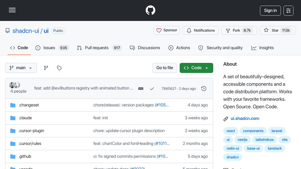 Screenshot of github.com: Shadcn/UI: A set of beautifully designed components that you can customize