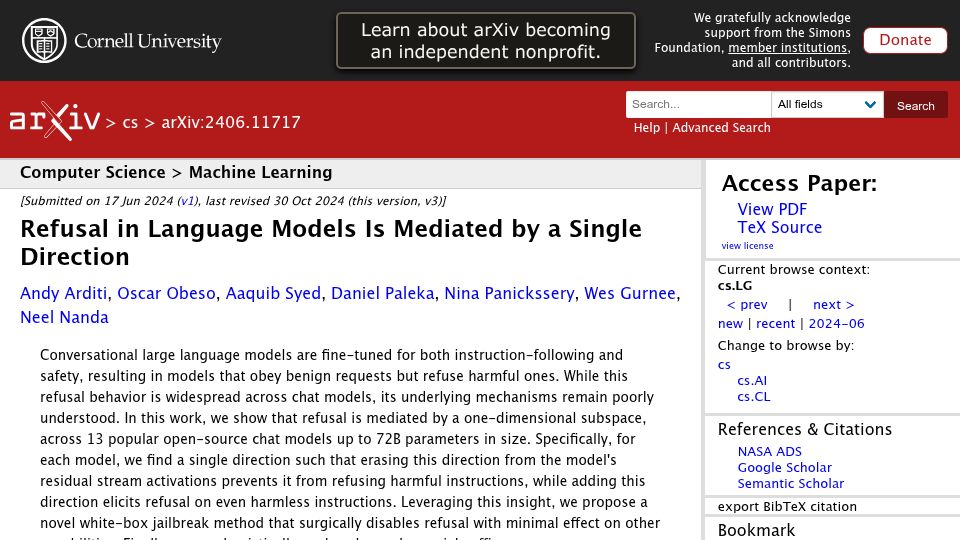 Screenshot of arxiv.org: Refusal in Language Models Is Mediated by a Single Direction