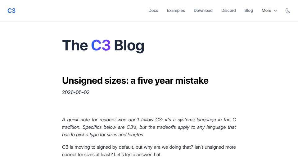 Screenshot of c3-lang.org: Unsigned sizes: A five year mistake
