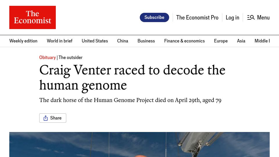 Screenshot of economist.com: Craig Venter of Human Genome Project Dies at 79