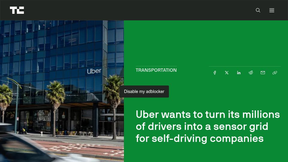 Screenshot of techcrunch.com: Uber wants to turn its drivers into a sensor grid for self-driving companies