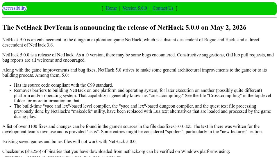 Screenshot of nethack.org: NetHack 5.0.0