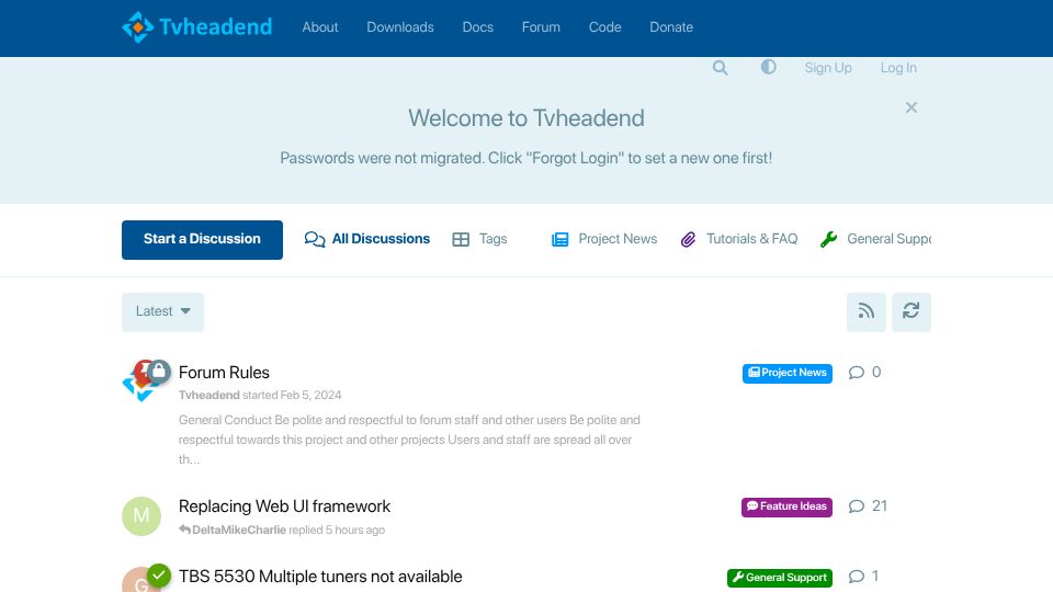 Screenshot of tvheadend.org: Tvheadend: Self-Hosted IPTV Server