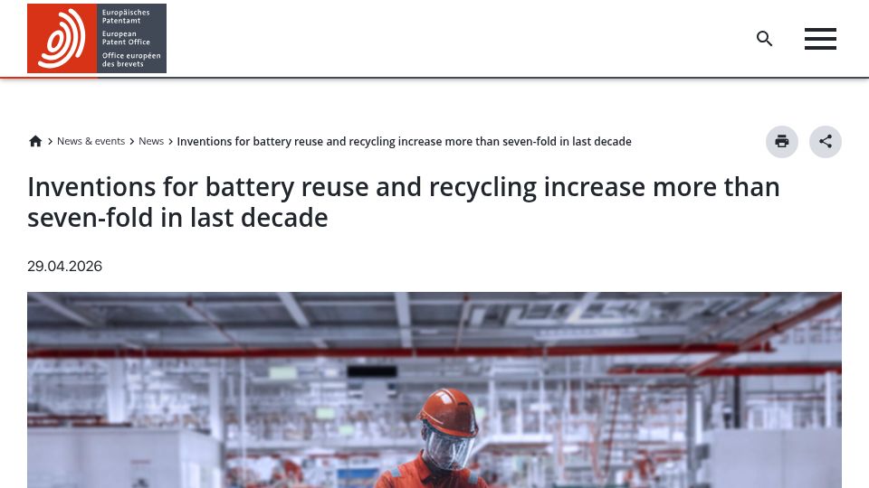 Screenshot of epo.org: Inventions for battery reuse and recycling increase seven-fold in last decade