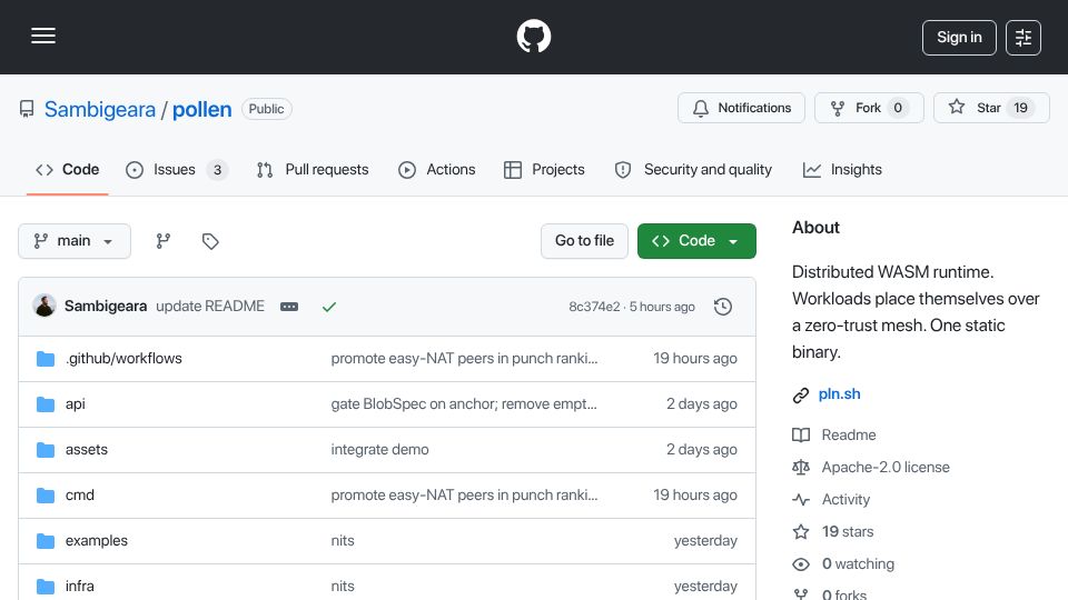 Screenshot of github.com: Show HN: Pollen – distributed WASM runtime, no control plane, single binary