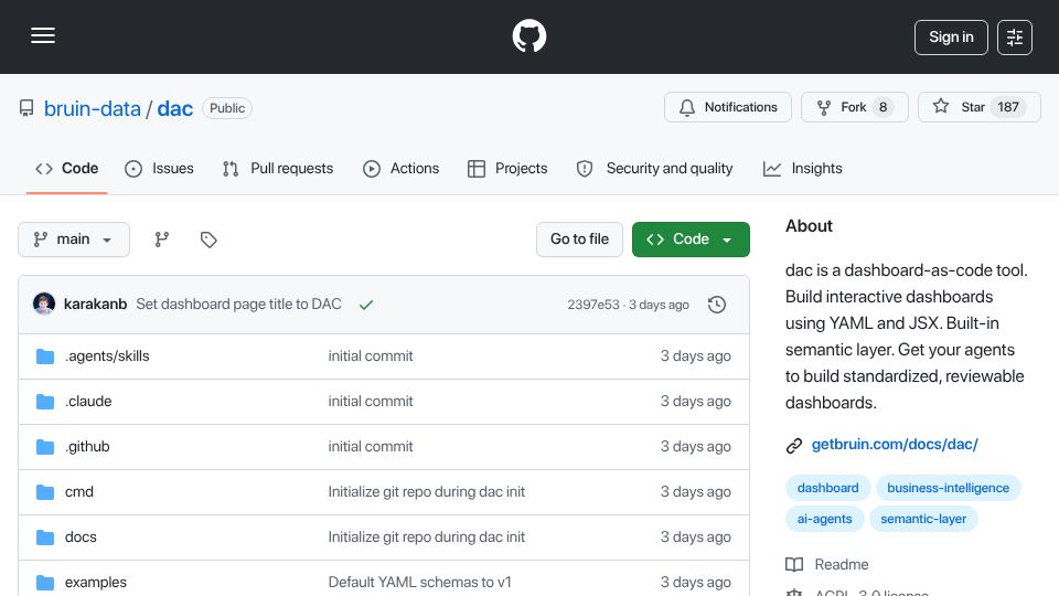 Screenshot of github.com: Show HN: DAC – open-source dashboard as code tool for agents and humans