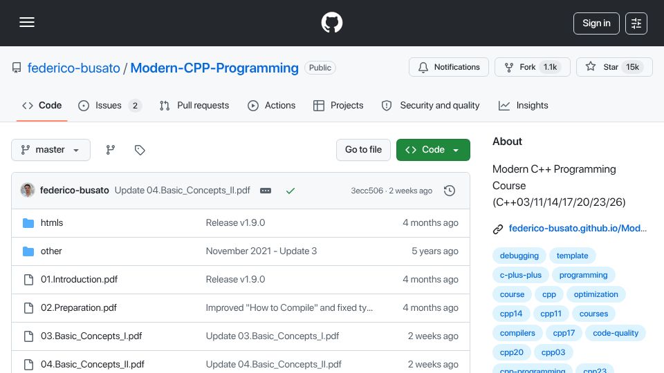 Screenshot of github.com: Modern C++ Programming: Busato