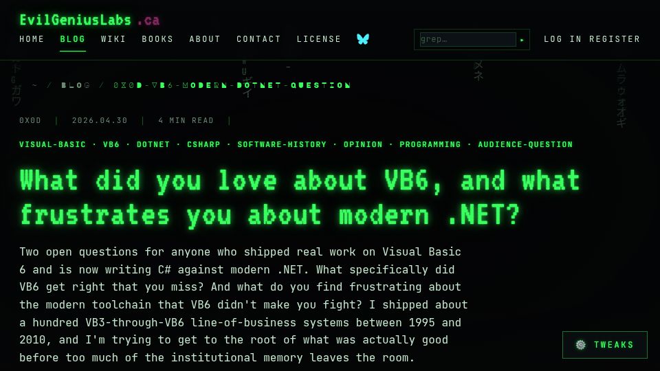 Screenshot of evilgeniuslabs.ca: What did you love about VB6?