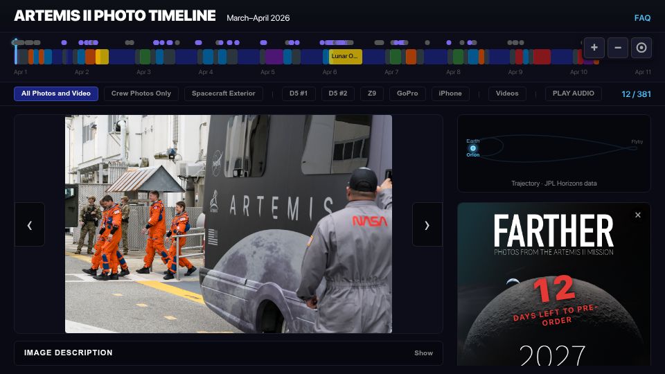 Screenshot of artemistimeline.com: Artemis II Photo Timeline