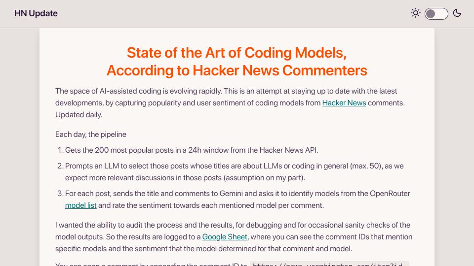 Screenshot of hnup.date: Show HN: State of the Art of Coding Models, According to Hacker News Commenters