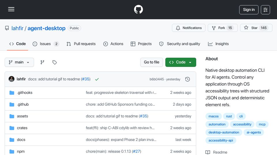 Screenshot of github.com: I built the Playwright for desktop apps. 80% token savings