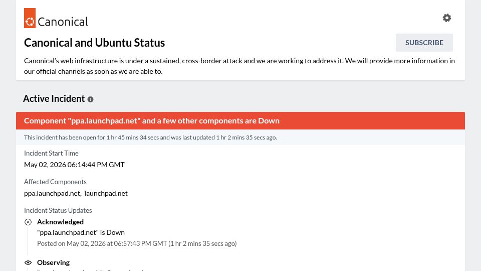 Screenshot of status.canonical.com: Canonical Under Attack