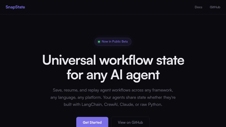 Screenshot of snapstate.dev: SnapState - Persistent state for AI agent workflows