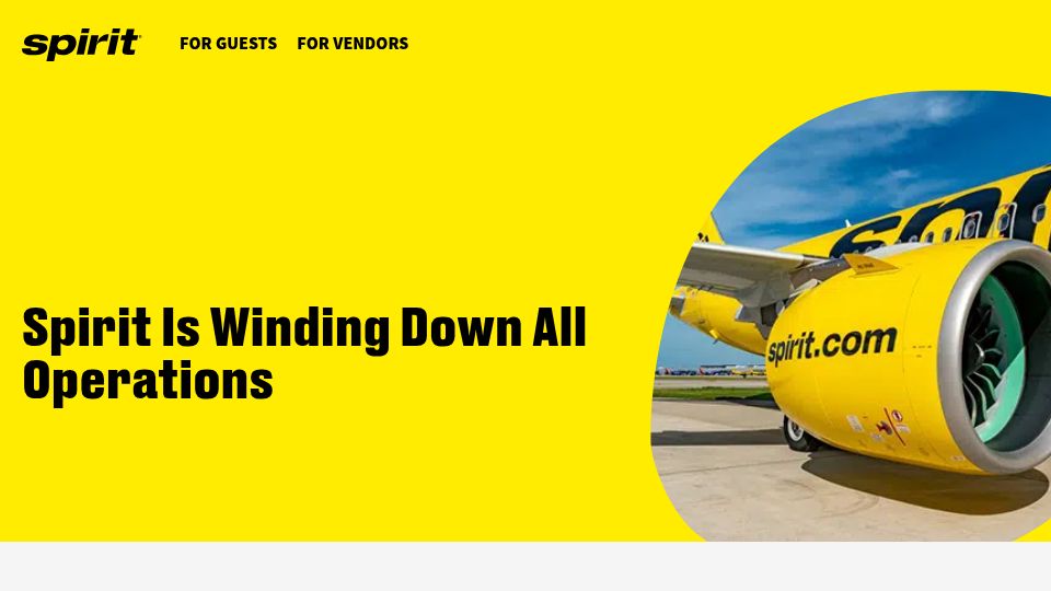 Screenshot of spiritrestructuring.com: Spirit Airlines Is Winding Down All Operations