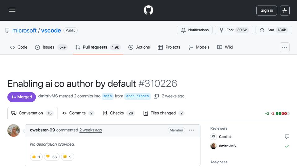 Screenshot of github.com: VS Code inserting 'Co-Authored-by Copilot' into commits regardless of usage