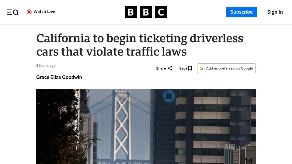 Screenshot of bbc.com: California to begin ticketing driverless cars that violate traffic laws