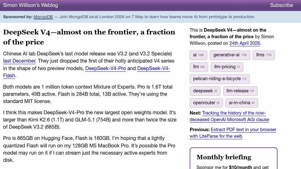 Screenshot of simonwillison.net: DeepSeek V4 – almost on the frontier