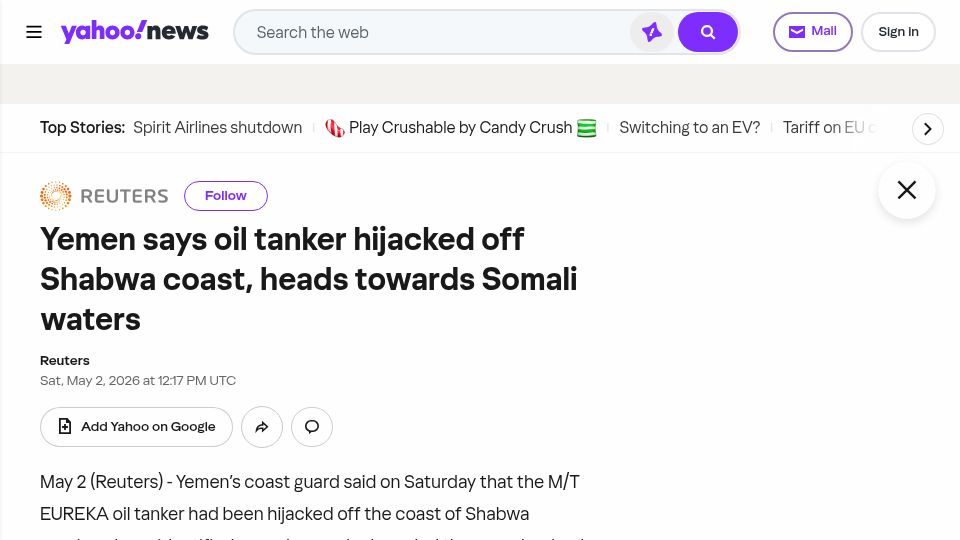 Screenshot of yahoo.com: Oil tanker hijacked off Yemen, steers toward Somalia