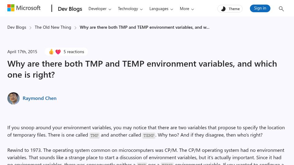 Screenshot of devblogs.microsoft.com: Why are there both TMP and TEMP environment variables? (2015)