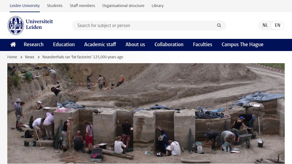 Screenshot of universiteitleiden.nl: Neanderthals ran 'fat factories' 125k years ago (2025)
