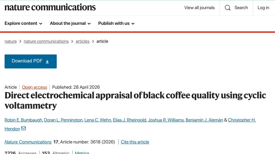 Screenshot of nature.com: Direct electrochemical black coffee quality appraisal using cyclic voltammetry