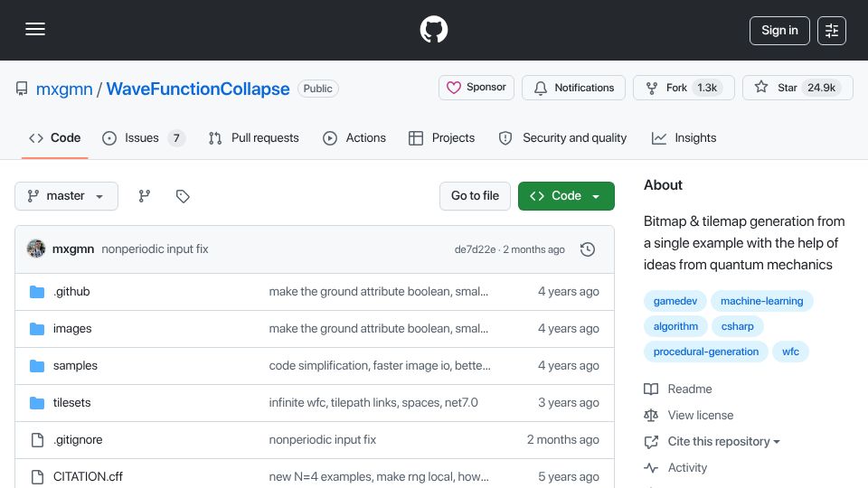 Screenshot of github.com: Bitmap and tilemap generation from a single example