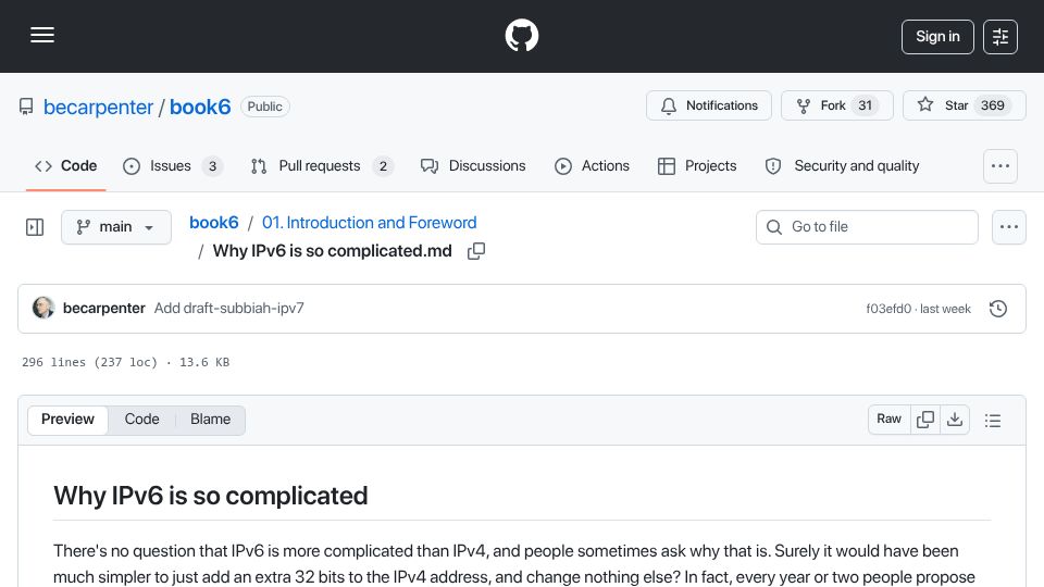 Screenshot of github.com: Why IPv6 is so complicated