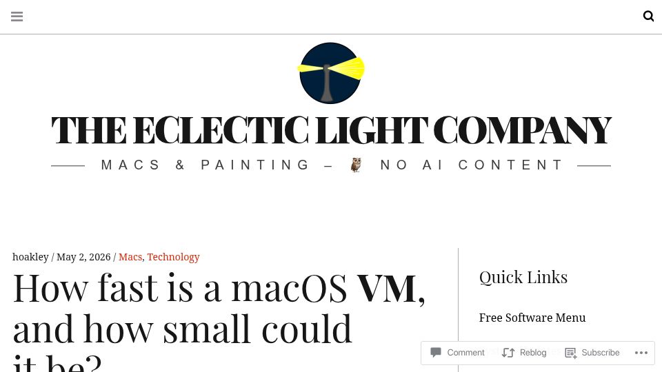 Screenshot of eclecticlight.co: How fast is a macOS VM, and how small could it be?