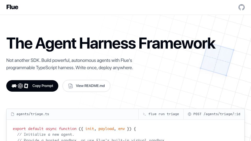 Screenshot of flueframework.com: Flue is a TypeScript framework for building the next generation of agents
