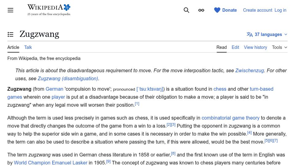 Screenshot of en.wikipedia.org: Zugzwang