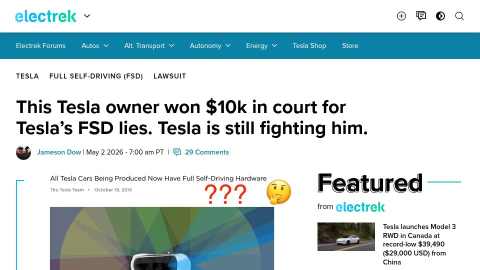 Screenshot of electrek.co: Tesla owner won $10k in court for Tesla's FSD lies. Tesla is still fighting him