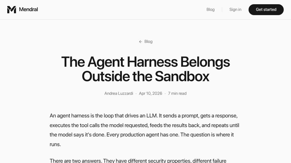 Screenshot of mendral.com: The agent harness belongs outside the sandbox
