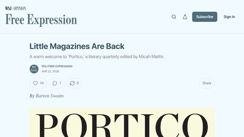 Screenshot of wsjfreeexpression.substack.com: Little magazines are back