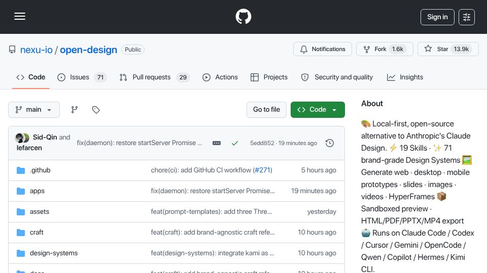 Screenshot of github.com: Open Design: Use Your Coding Agent as a Design Engine