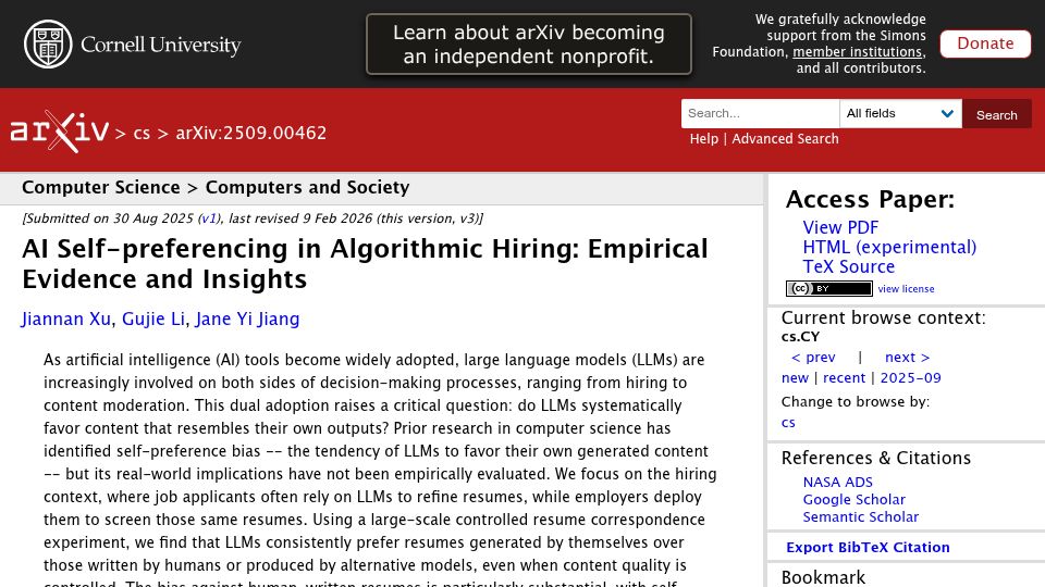 Screenshot of arxiv.org: AI Self-preferencing in Algorithmic Hiring: Empirical Evidence and Insights