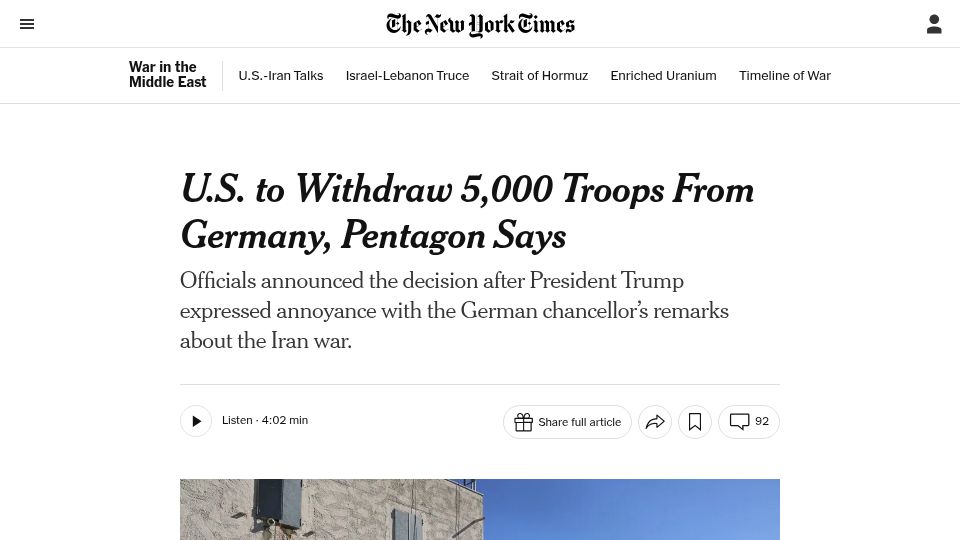 Screenshot of nytimes.com: U.S. to Withdraw 5k Troops from Germany, Pentagon Says