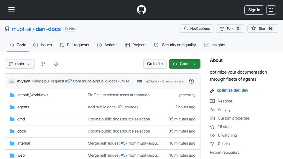 Screenshot of github.com: Show HN: Dari-docs – Optimize your docs using parallel coding agents
