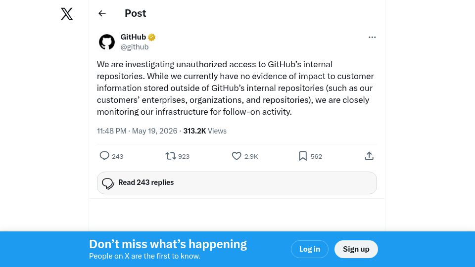 Screenshot of twitter.com: GitHub is investigating unauthorized access to their internal repositories
